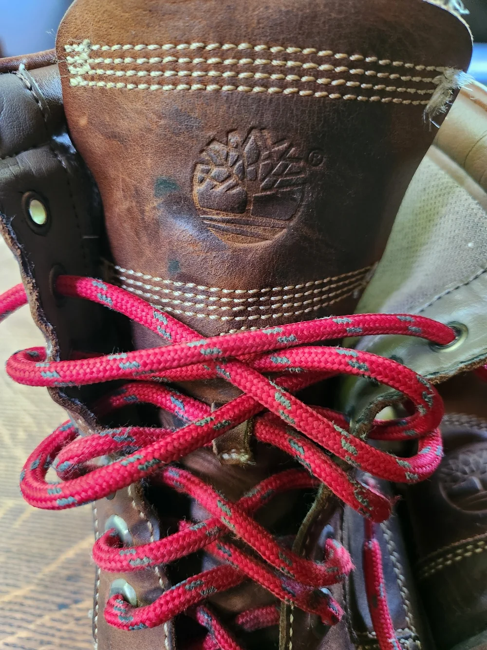 Timberland Brown Leather Men’s Lace-Up Work Boots with Red Laces, Size 11
